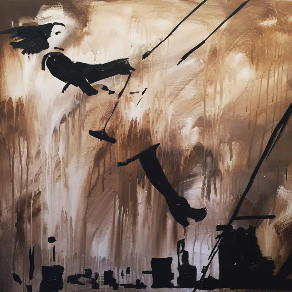 Swinging over city, painting by Jayashri Triolo
